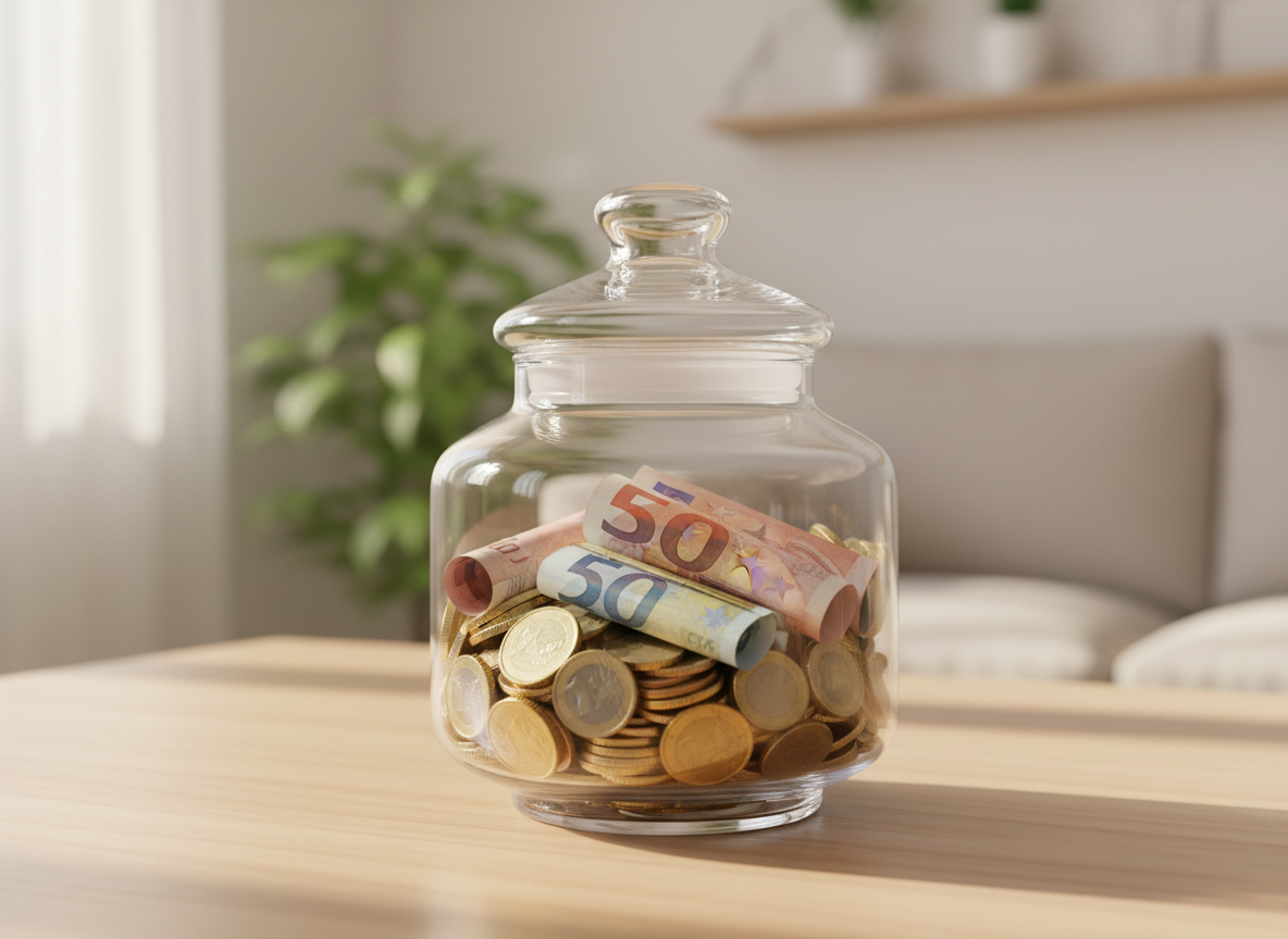 Frasco de vidro com moedas e notas de euro sobre uma mesa de madeira