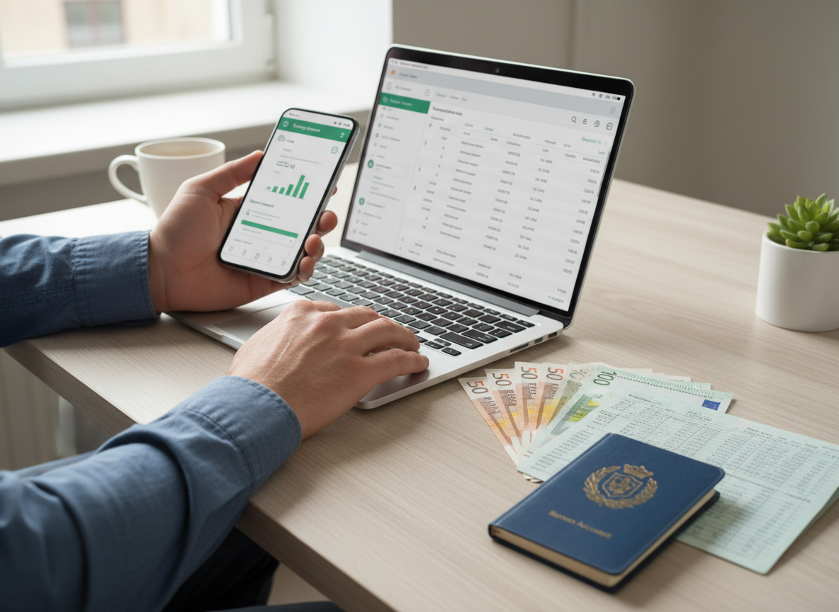 Pessoa a usar banca online num computador com notas de euro na secretária