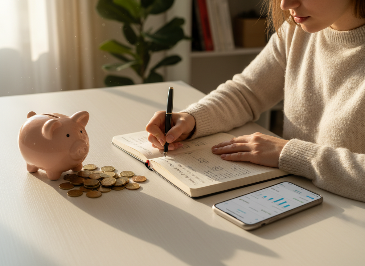 Pessoa a escrever um plano financeiro num caderno com mealheiro e moedas