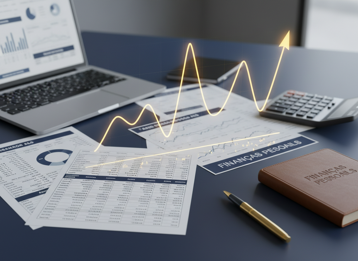 Gráfico simples a subir e descer simbolizando taxa de juro variável, sobre uma secretária com documentos financeiros