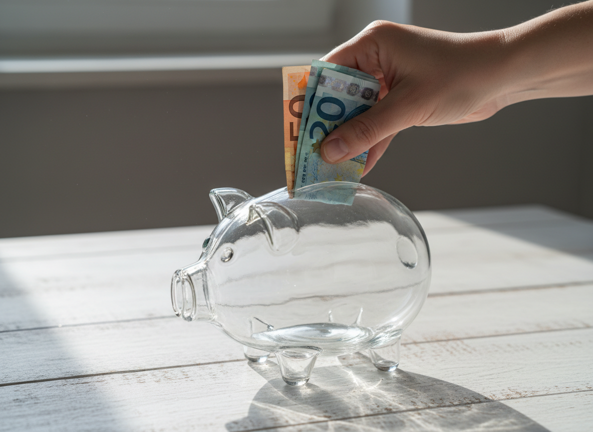 Mão a retirar notas de euro de um mealheiro transparente, simbolizando acesso imediato à poupança