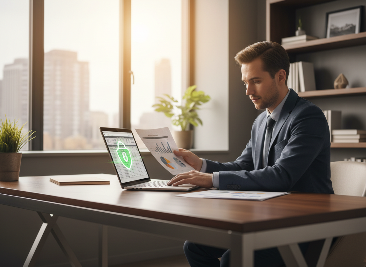 Pessoa a analisar documentos financeiros num ambiente de trabalho moderno e seguro