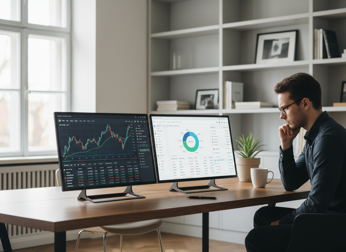 Pessoa a comparar duas plataformas de investimento em computadores portáteis